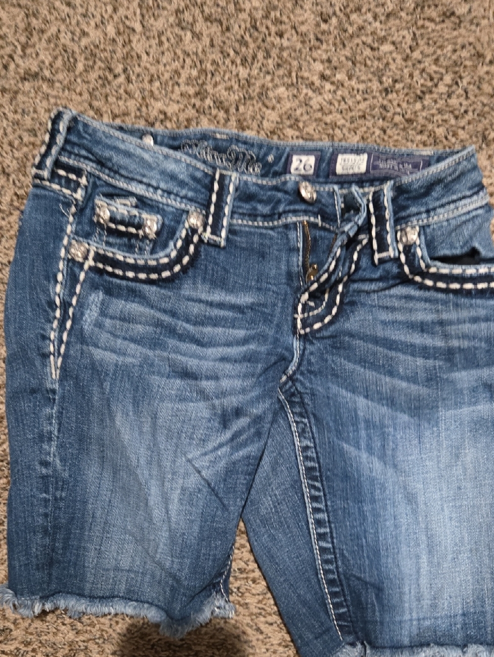 Miss Me Blue Distressed Denim Cropped Shorts with Contrast Stitching